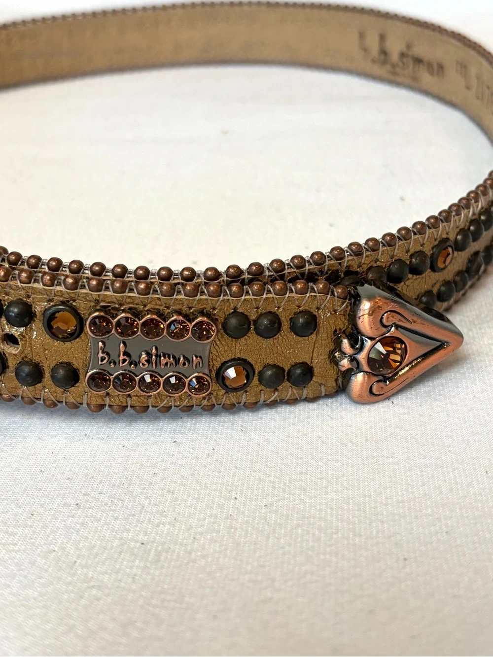 B.B. Simon Jeweled 1.25” Leather Belt Bronze-Tone Hardware, 30-35, EUC